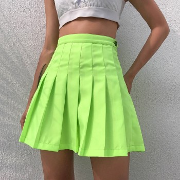 Neon Green Solid High Waist Pleated Skirt Mini Sexy Summer A Line 